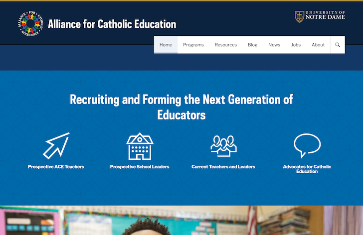 Image of the homepage of Notre Dame Alliance for Catholic Education